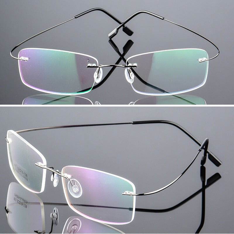 Sunglass Lover rimless rectangular frames in silver with black temples ultra light titanium eyeglasses for women