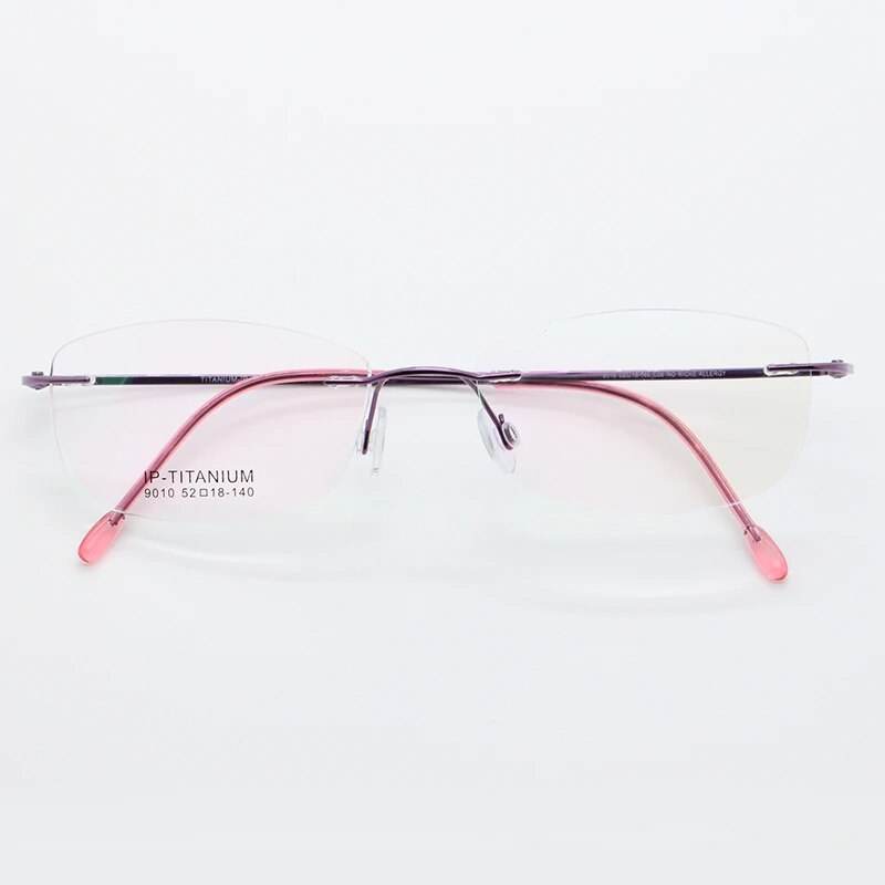Sunglass Lover rimless pink and purple eyeglass frames showing ultra light titanium eyeglasses for women with adjustable nose pads