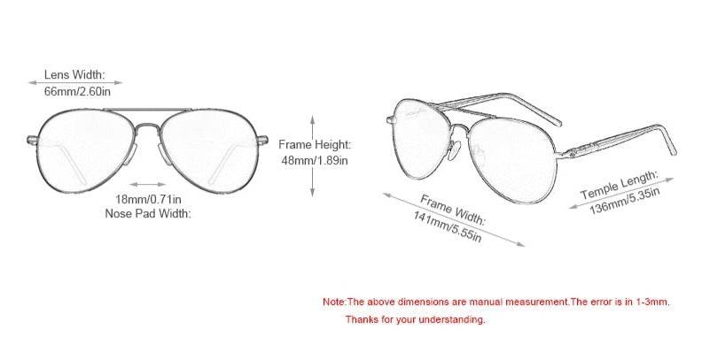 Sunglass Lover technical diagram of pilot polarized sunglasses for men showing aviator frame measurements