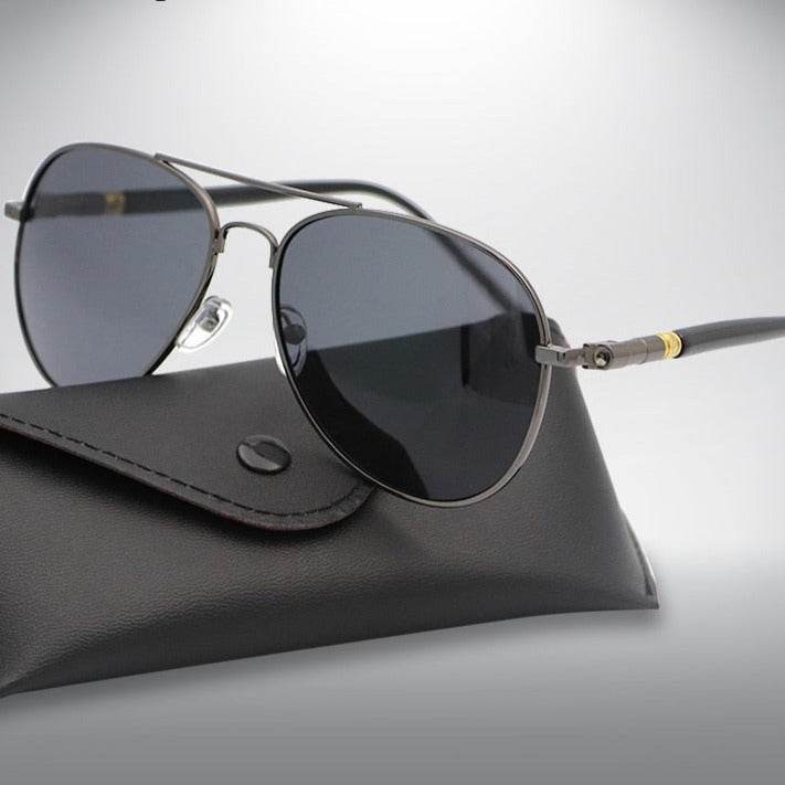 Sunglass Lover pilot polarized sunglasses for men with gunmetal aviator frame and dark lenses on leather case