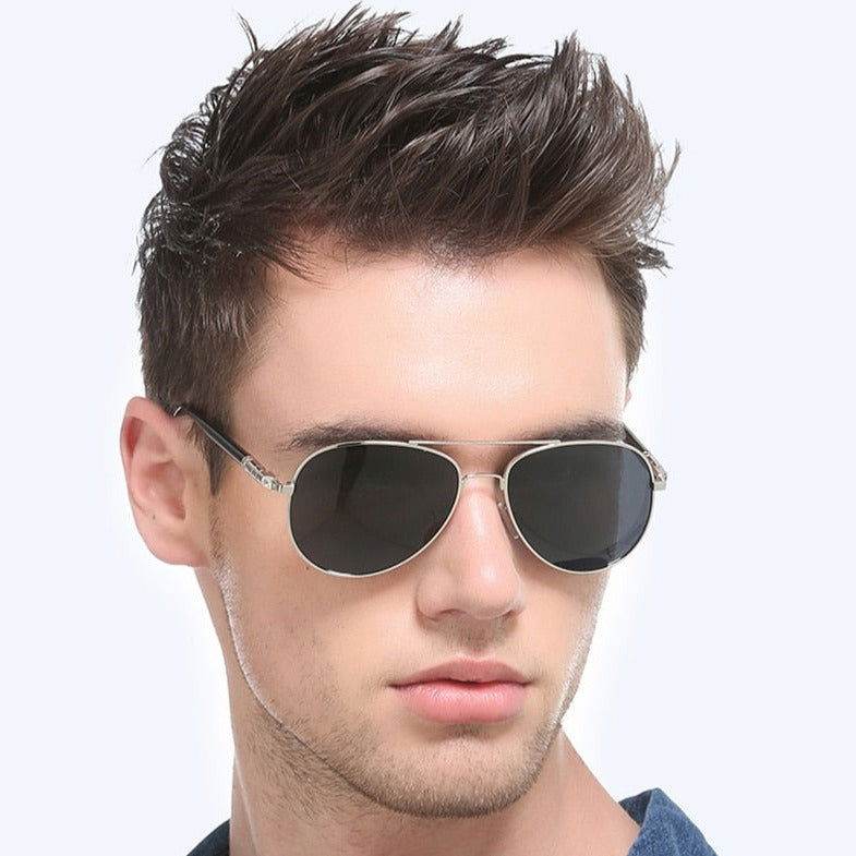 Sunglass Lover silver metal aviator on male model with dark lenses pilot polarized sunglasses for men ideal for driving