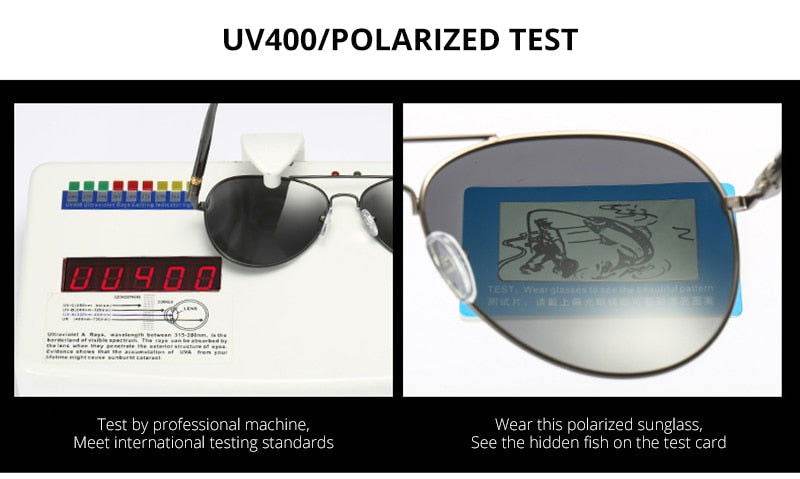 pilot polarized sunglasses for men Sunglass Lover showing UV400 polarized test revealing hidden fish on the test card