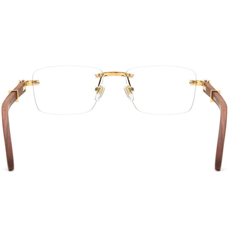 Sunglass Lover rimless eyeglasses with gold bridge and Redwood temple eyeglasses wooden arms
