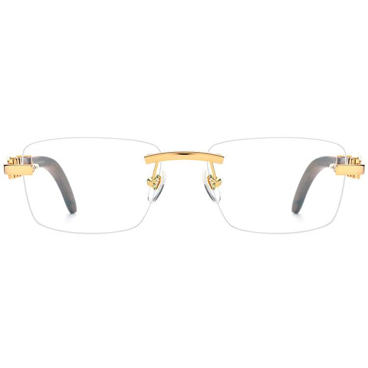Redwood temple eyeglasses by Sunglass Lover rimless gold bridge and clear rectangular lenses
