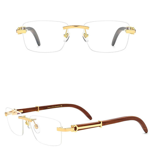 Sunglass Lover rimless eyeglasses with gold bridge and brown wooden arms Redwood temple eyeglasses