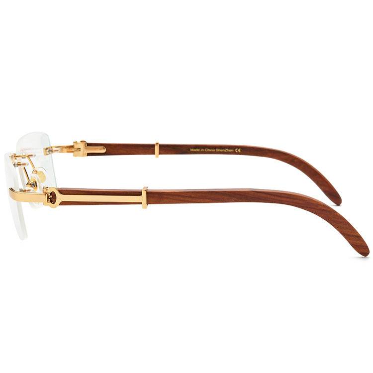 Sunglass Lover Redwood temple eyeglasses with gold rimless frame and brown wood temples