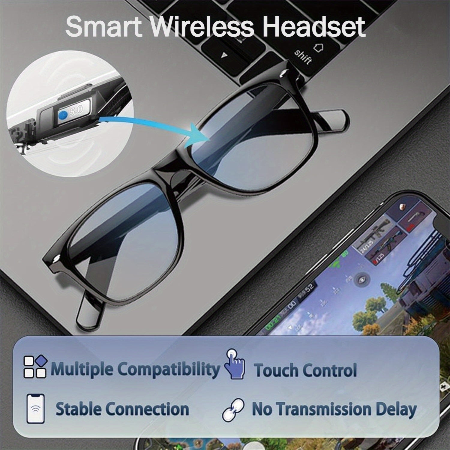Smart wireless headset with glasses on a laptop and phone, featuring compatibility and control features.