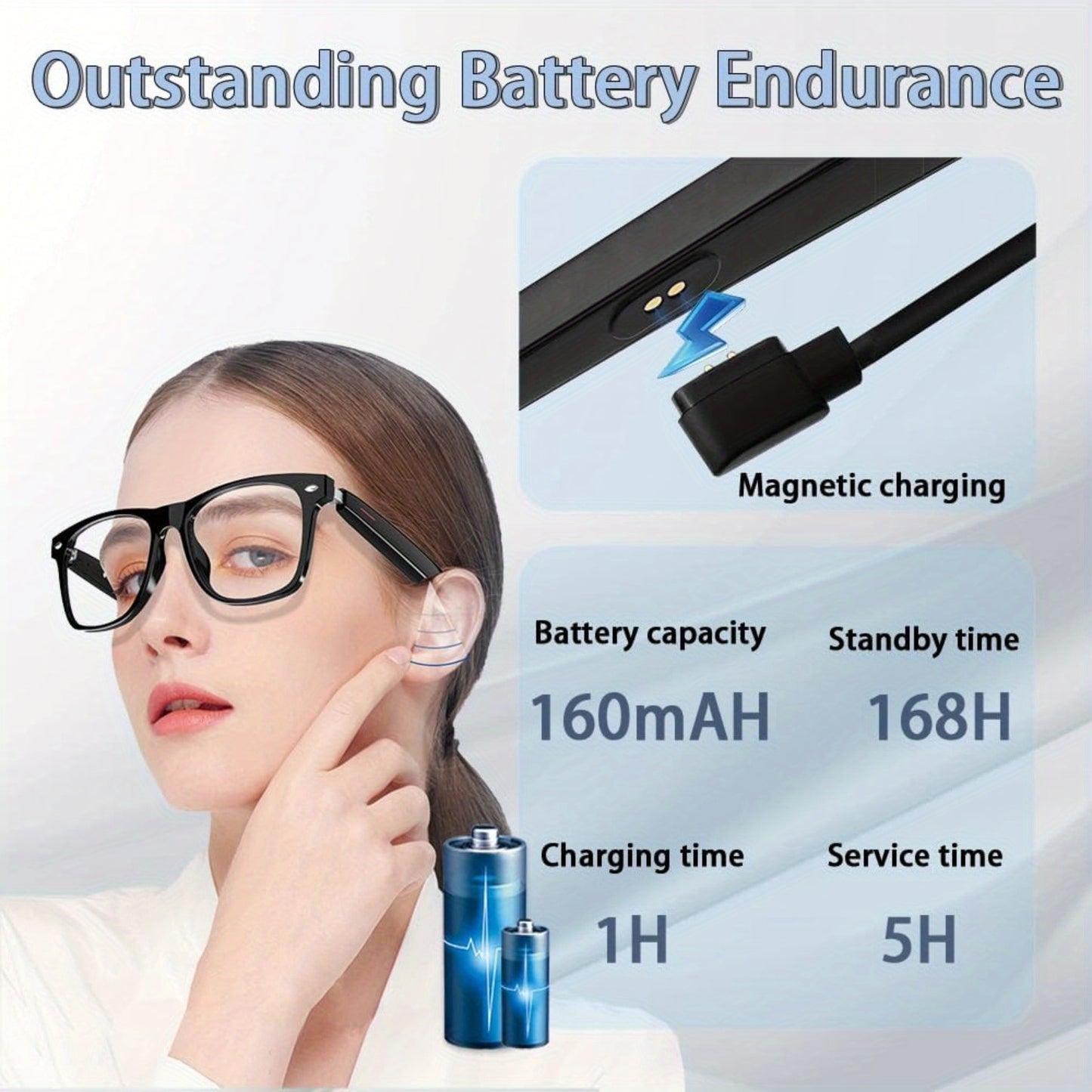 Person wearing wireless earbuds with battery information displayed on screen
