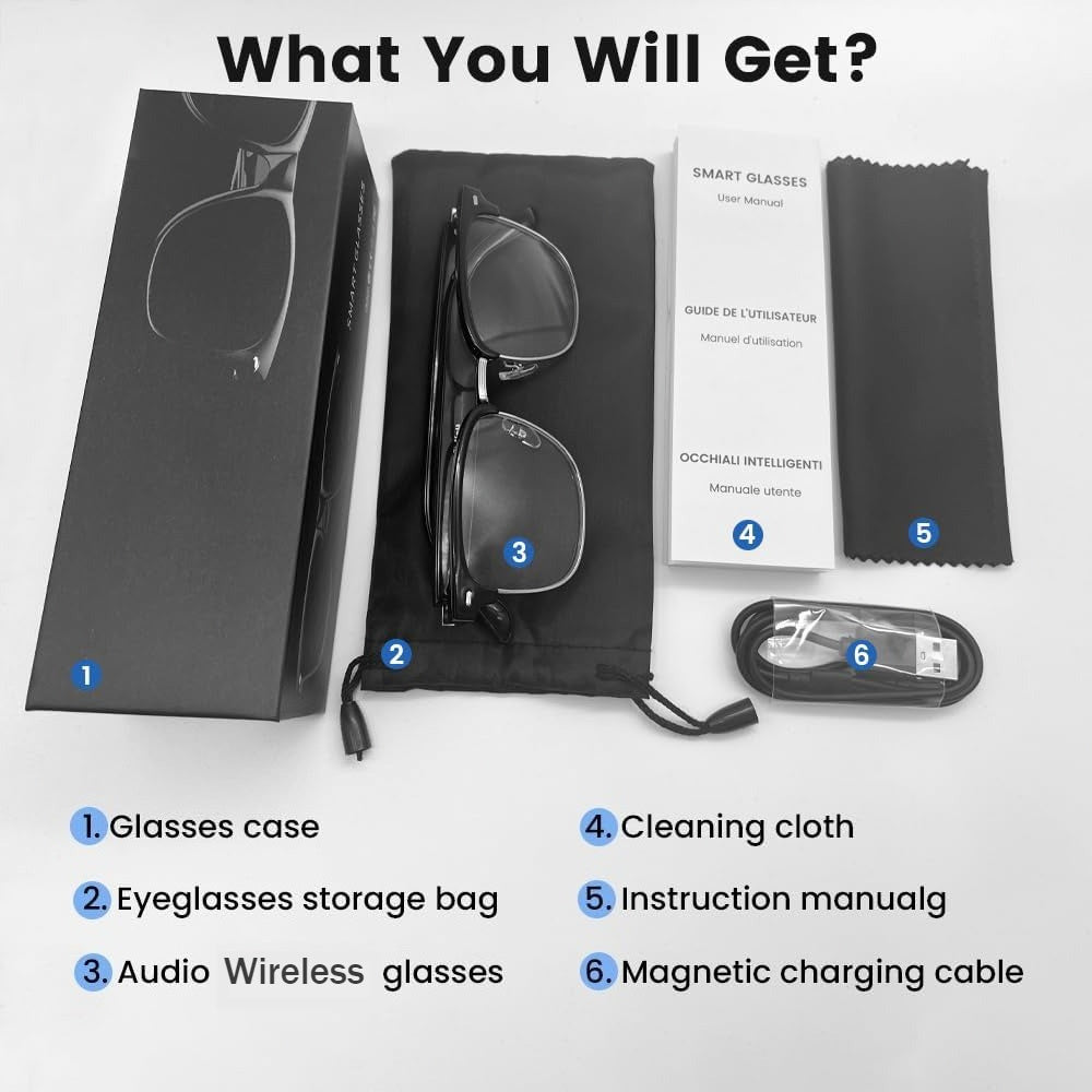 Smart glasses packaging with accessories on a white background