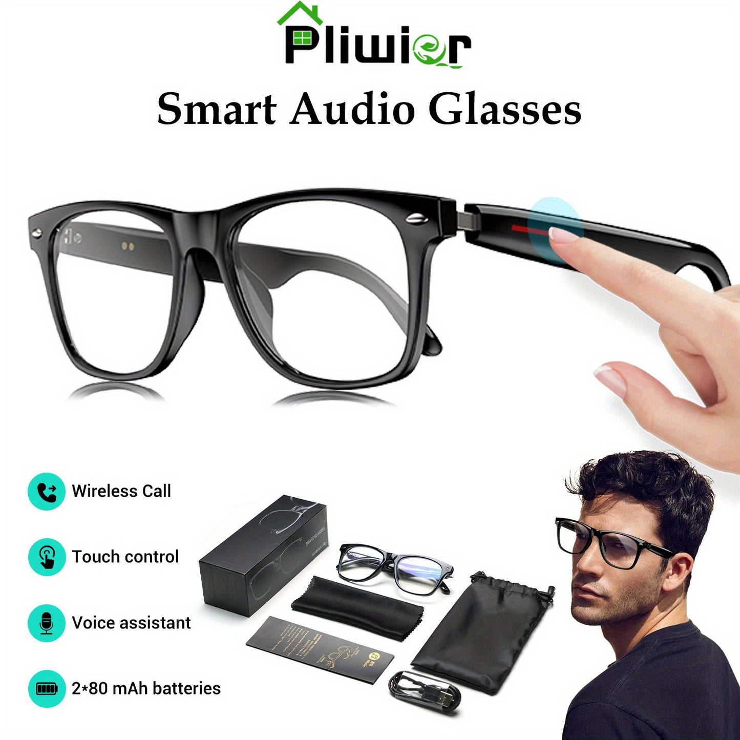 Smart audio glasses with packaging and accessories on a white background, featuring the brand 'Pliwier'.