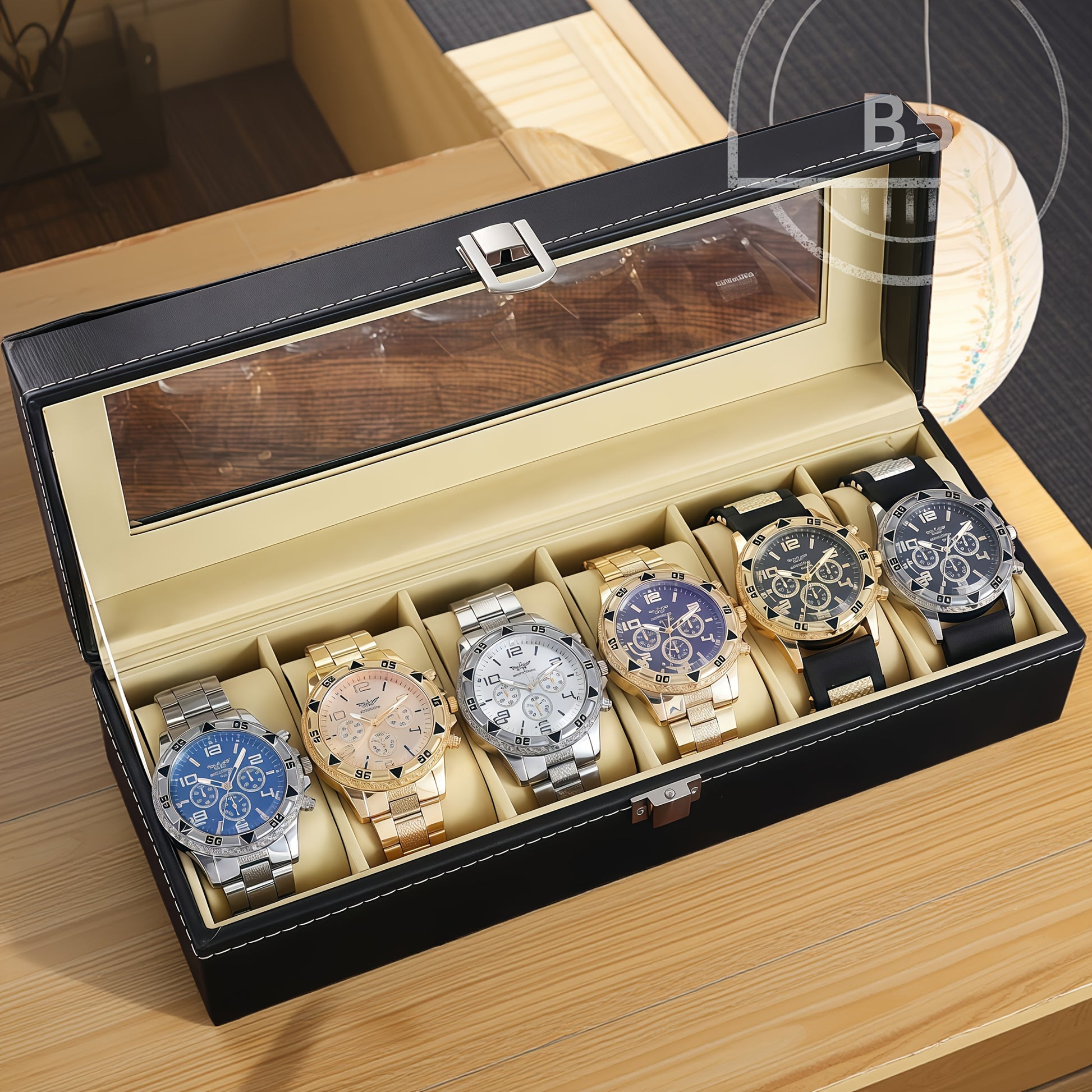 Open jewelry box with six watches on a wooden surface