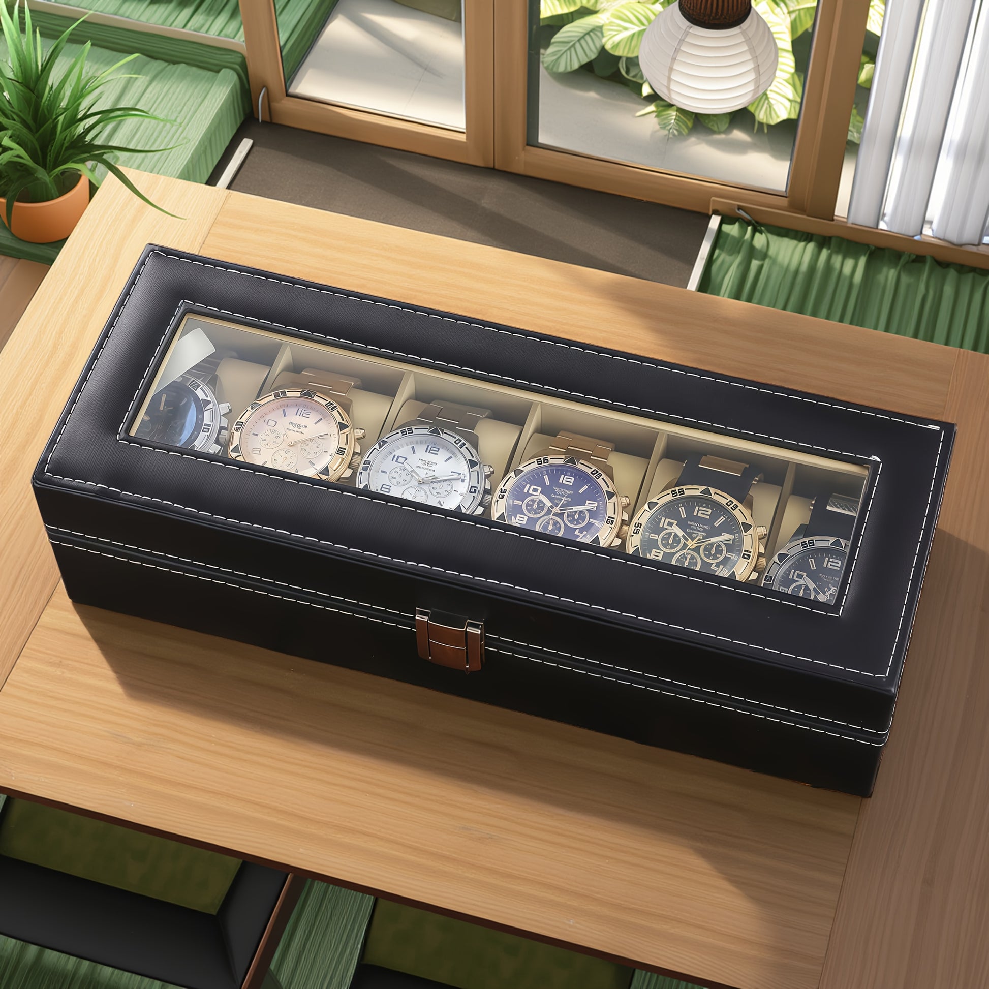Black watch display case with six watches on a wooden surface.