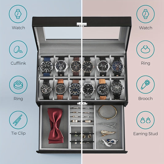 Luxury 12-Slot Wooden Watch Box Organizer | 2-Layer Lockable Watch Case