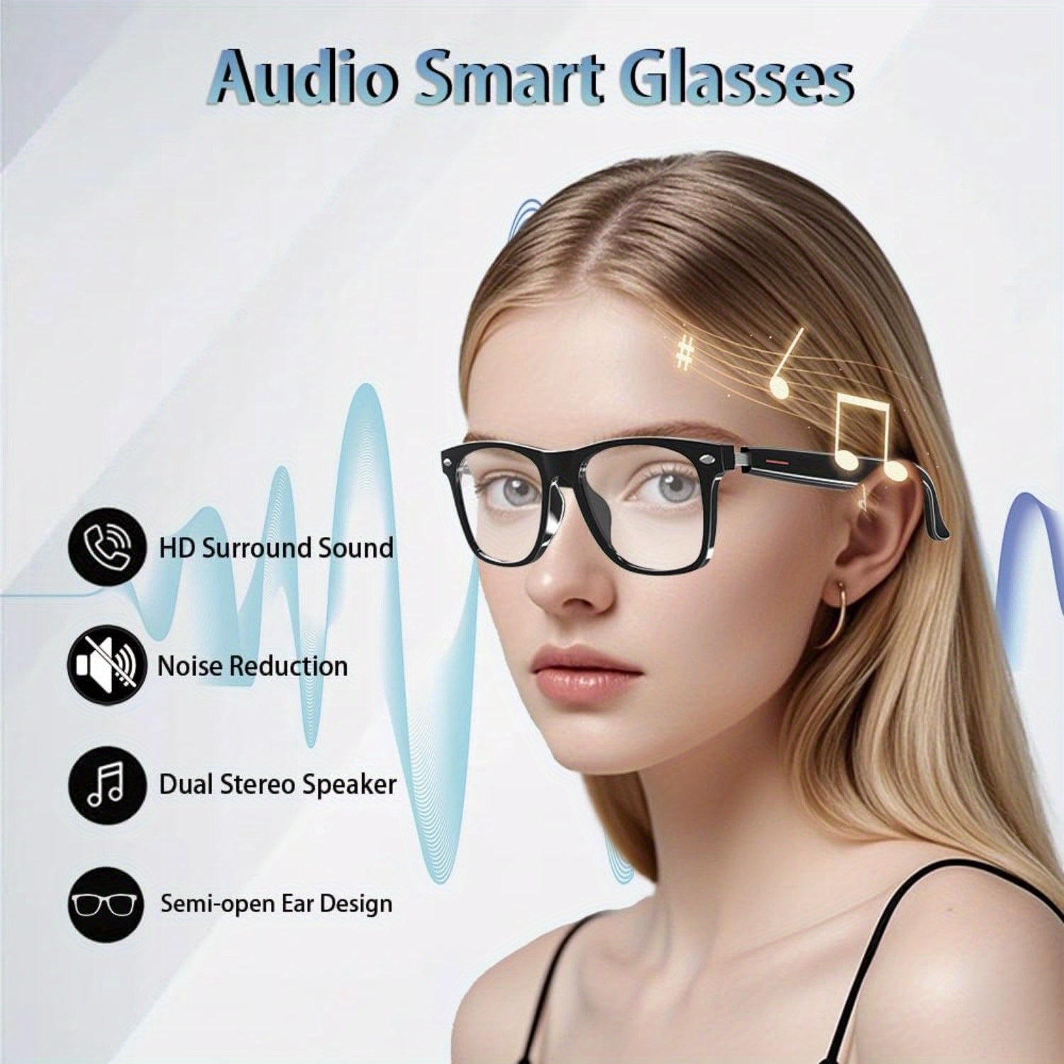 Woman wearing audio smart glasses with feature icons on a light gray background