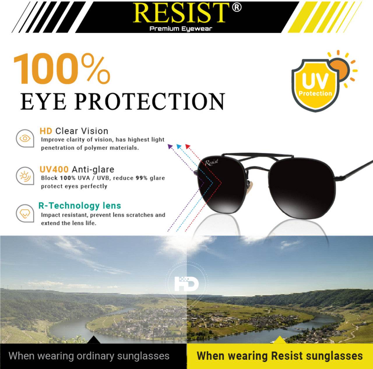 Classic Hexagonal Black Rectangular Sunglasses - Sunglass Lover