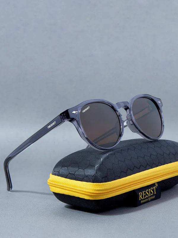 Sunglass Lover men's brown oval shades with translucent gray frame and polarized lenses on zippered case
