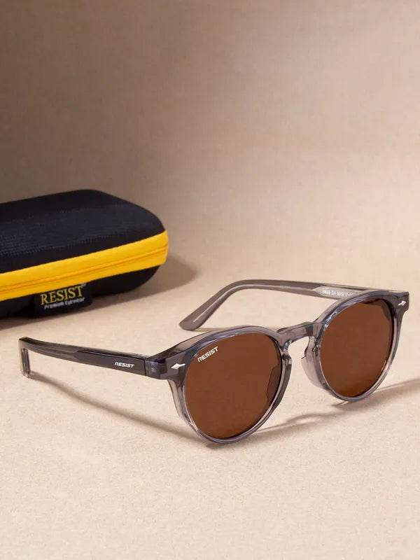 Sunglass Lover men's brown oval shades with translucent gray frame and brown lenses plus protective case