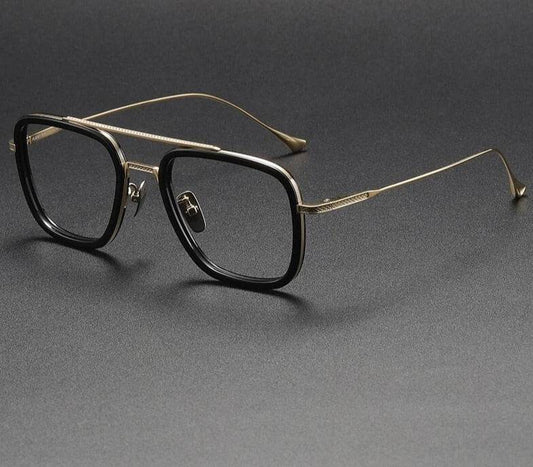 Sunglass Lover men's square eyeglass frames in black acetate front with gold metal temples