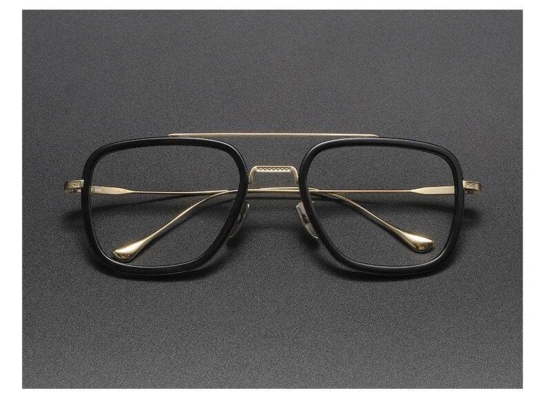 Sunglass Lover men's square eyeglass frames black frame front with gold metal double bridge and temples