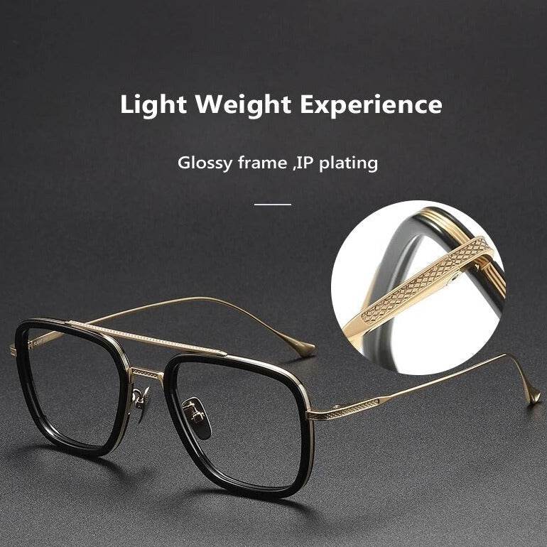 Sunglass Lover men's square eyeglass frames glossy black with gold metal temples lightweight textured arms