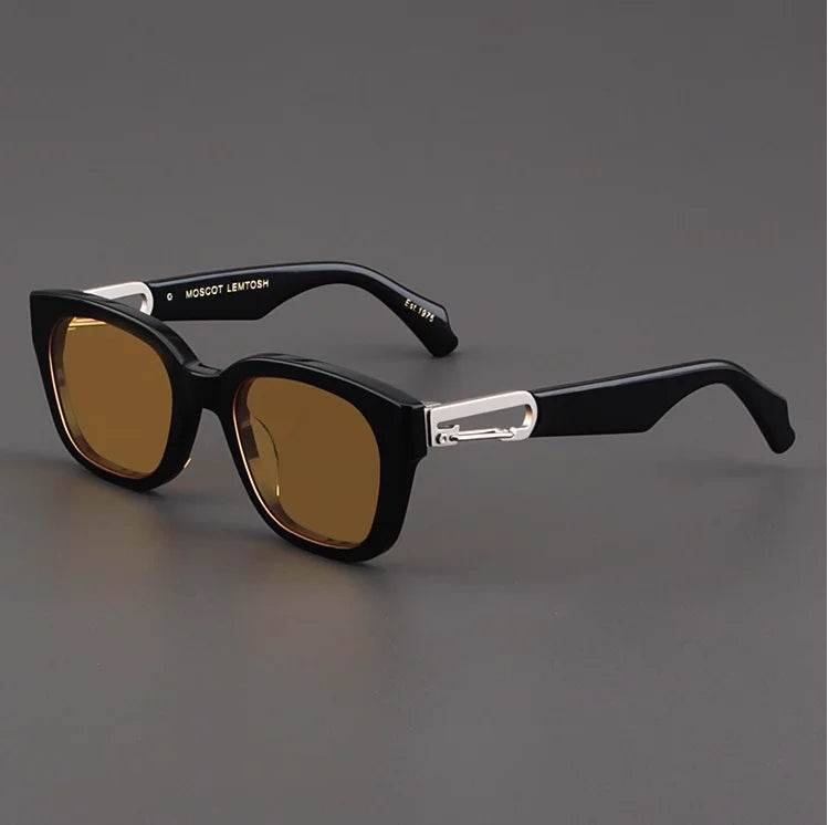 Sunglass Lover black sunglasses for men with thick black acetate frames brown lenses and silver temple accents