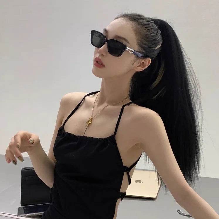 Sunglass Lover black sunglasses for men shown on model wearing black dress modern rectangular frame