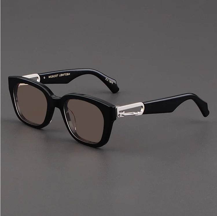 Sunglass Lover black sunglasses for men with glossy acetate square frames silver temple accents and brown lenses