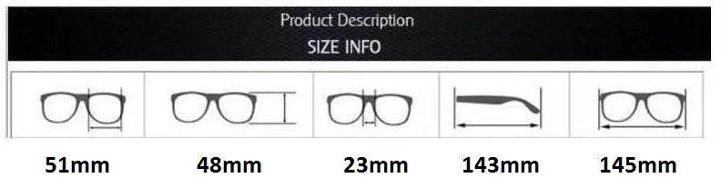 Sunglass Lover black sunglasses for men size chart showing lens 51mm height 48mm bridge 23mm temple 143mm frame 145mm