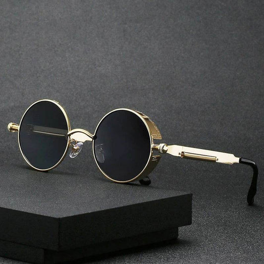 Sunglass Lover gothic steampunk round sunglasses gold metal frame with black lenses and ornate side arms