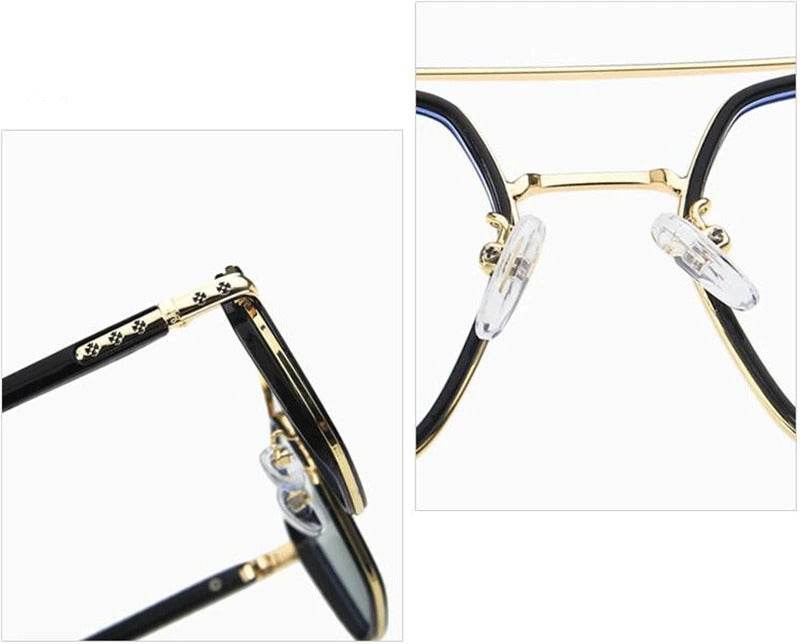 Sunglass Lover oversized anti-blue eyeglasses black and gold frame with clear adjustable nose pads and decorative temples