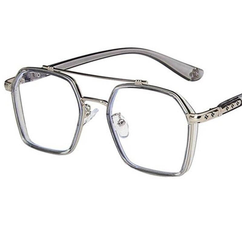 Sunglass Lover oversized anti-blue eyeglasses clear square frames with silver metal double bridge and nose pads