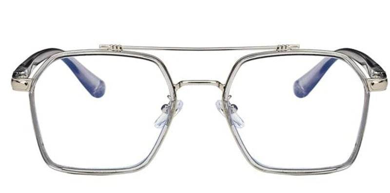 Sunglass Lover oversized anti-blue eyeglasses silver metal square frame with clear lenses and blue temple tips