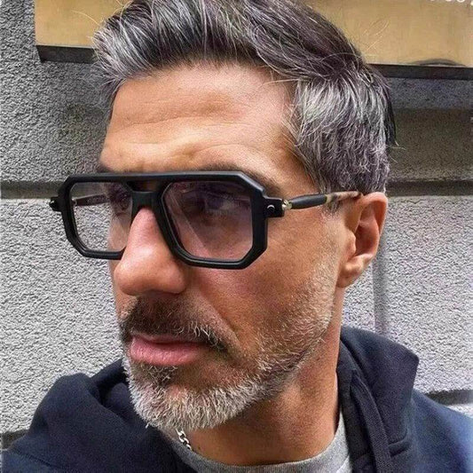 Sunglass Lover unisex square gradient sunglasses on man with salt and pepper hair and black geometric frames