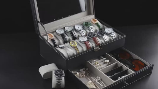 Deluxe 12-Slot Watch & Jewelry Storage Box – Faux Leather Organizer