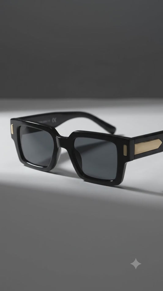 Men’s Black Rectangular Sunglasses | Premium Gold Accent