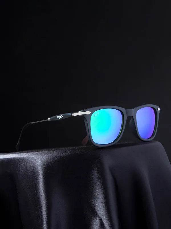 Sunglass Lover aqua green wayfarer sunglasses with matte black frame and mirrored aqua green lenses on dark backdrop