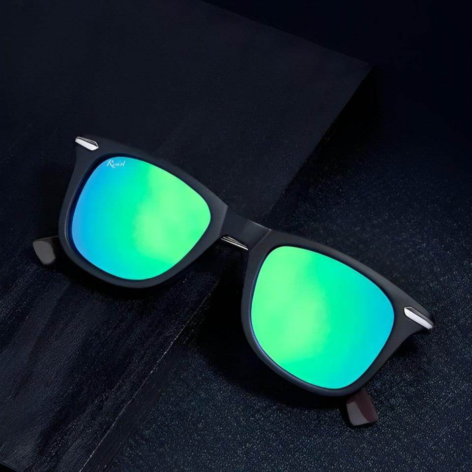 Sunglass Lover black matte frame with aqua green wayfarer sunglasses mirrored lenses and silver accents