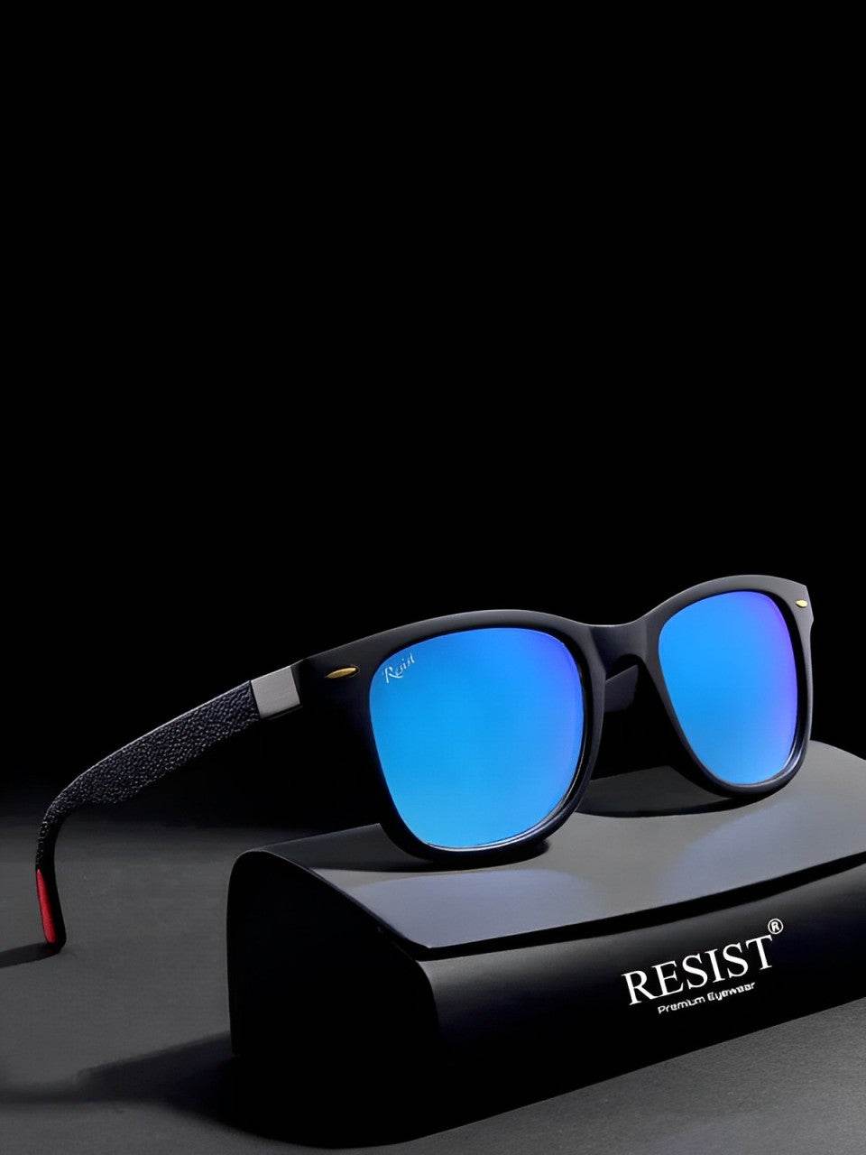 Sunglass Lover aqua green wayfarer sunglasses with blue mirrored lenses resting on black case