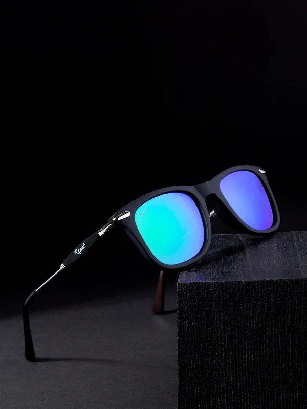 Sunglass Lover aqua green wayfarer sunglasses with black frame mirrored lenses angled on dark background