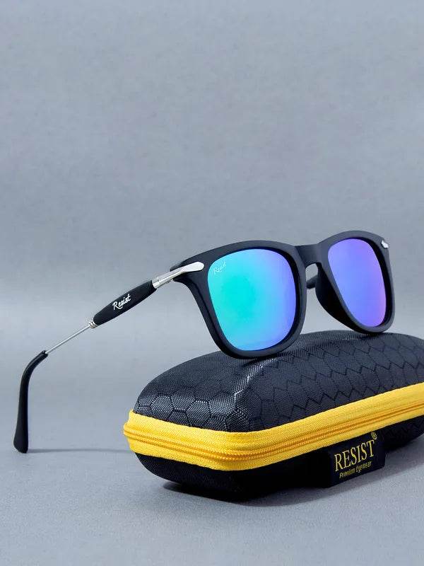 Sunglass Lover aqua green wayfarer sunglasses with black matte frame mirrored lenses on black case with yellow zipper