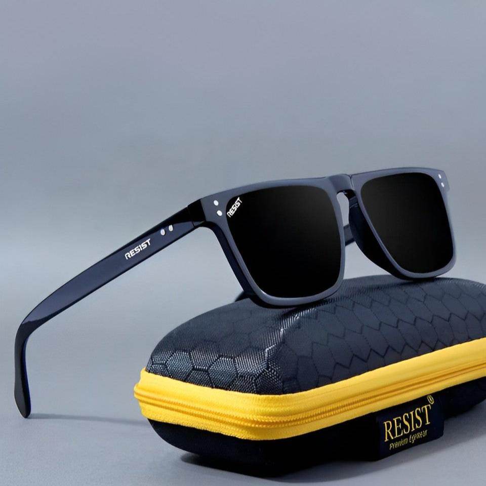 Sunglass Lover black square sunglasses for men displayed on a textured protective case with yellow zipper