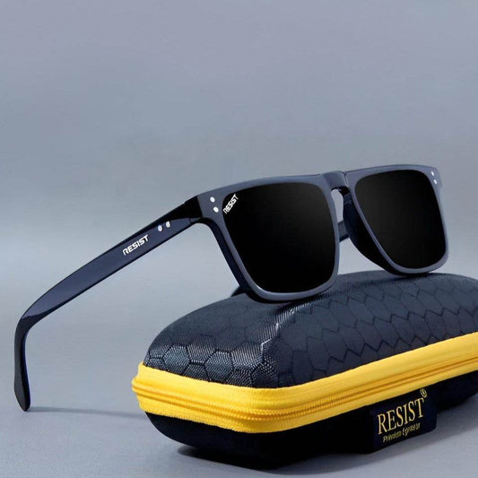 Sunglass Lover black square sunglasses for men displayed on a textured protective case with yellow zipper