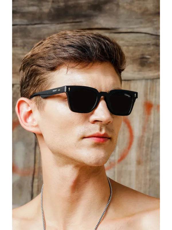 black square sunglasses for men Sunglass Lover model wearing matte black square frames with UV protection