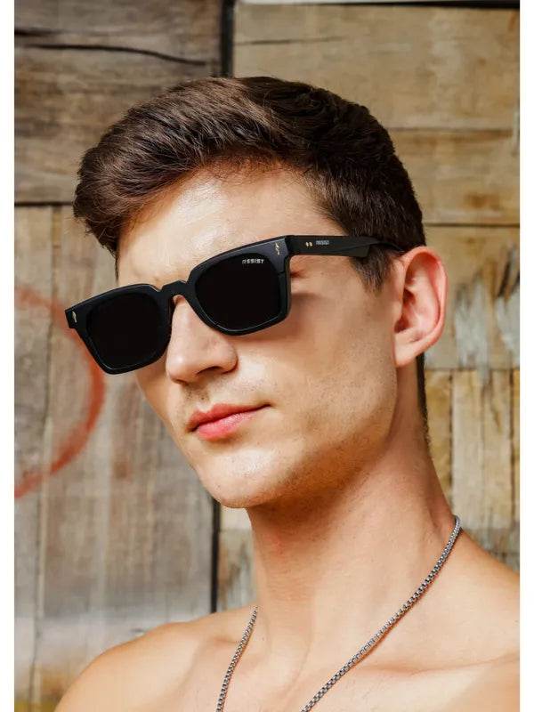 Sunglass Lover black square sunglasses for men worn by young man with short hair and silver chain necklace