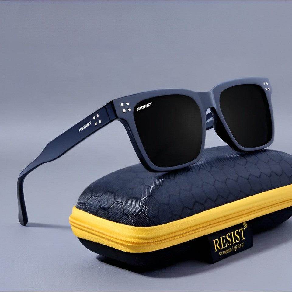 Sunglass Lover black square sunglasses for men resting on textured zip case with polarized lenses