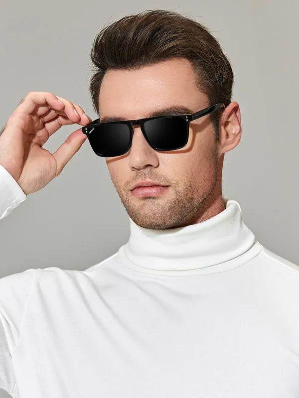 Sunglass Lover black square sunglasses for men on model wearing white turtleneck with polarized lenses and matte frames