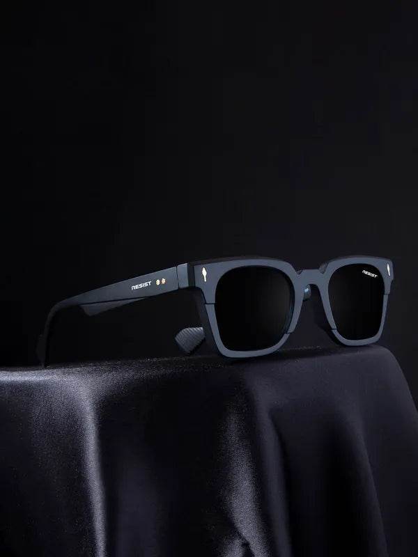 black square sunglasses for men Sunglass Lover matte black thick frame with dark lenses on silk