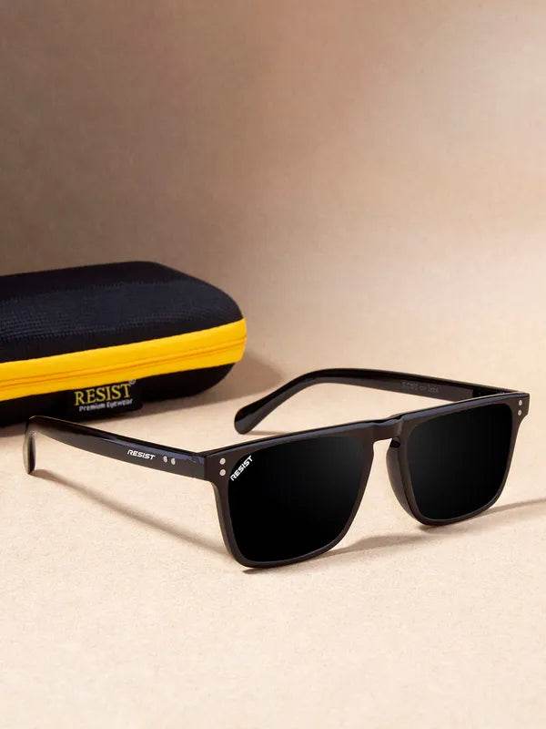 Sunglass Lover black square sunglasses for men with matte black frame dark lenses and protective black and yellow zip case
