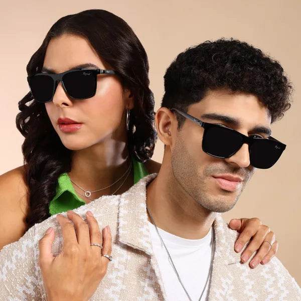 Sunglass Lover black wayfarer sunglasses on male and female models with casual outfits for everyday wear