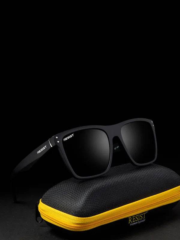 Sunglass Lover black wayfarer sunglasses for men square frame with polarized lenses on black case with yellow zipper